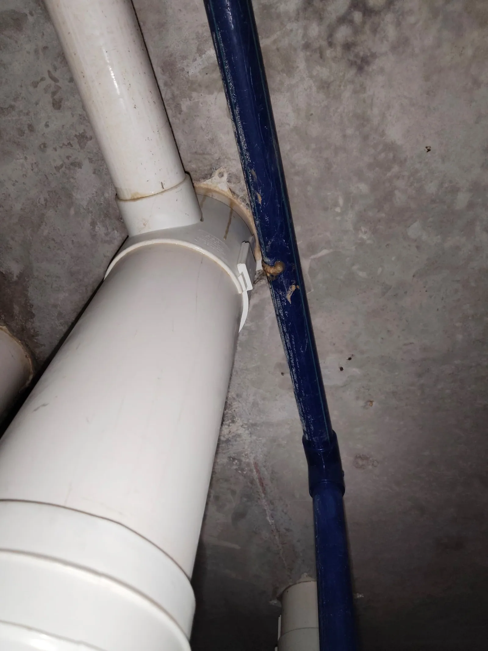 Large waste pipe joint inspected for repair