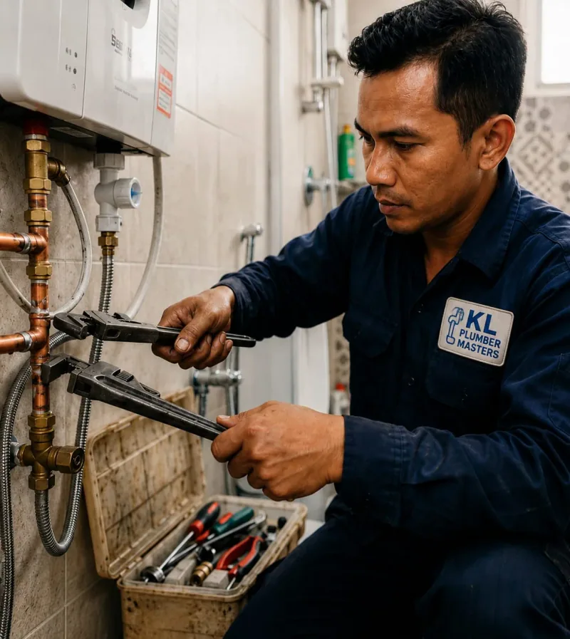 Pakar paip sedang memeriksa dan membaiki saluran paip