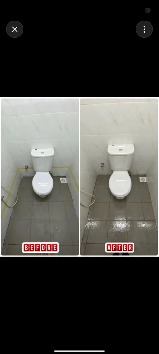 Before-and-after view of toilet floor renovation